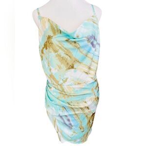 SIMPLEE mint watercolor spaghetti strap ruched side slip dress size L.